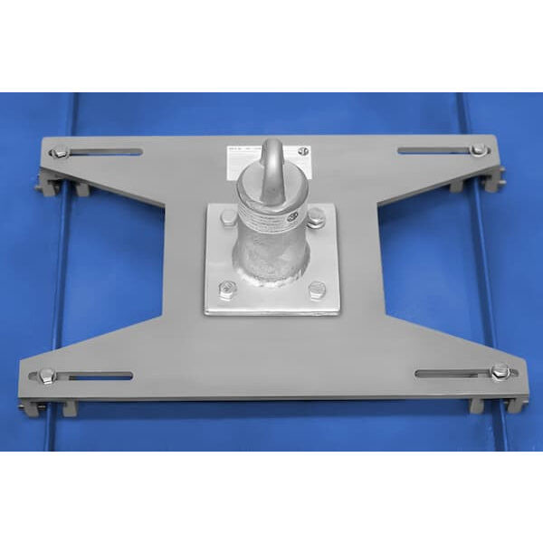 Super Anchor 1031-W loop top anchor post mounted on the 1207 SSCA standing seam plate on a metal roof