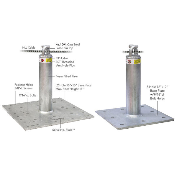 Super Anchor 1031-PG CRA-PT 5 Inch HLL Pass-Thru Anchor Super Anchor CRA-PT pass-thru anchor diagram showing 1091 cast steel top, HLL cable, PID label, SST vent hole plug, foam filled riser, and base plate