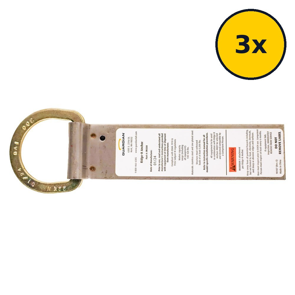 Guardian 00500 Ridge-It Roof Anchor 3-Pack Guardian 00500 Ridge-It permanent roof anchor 3-pack shown as one 9.75 in anchor with a 3x quantity badge