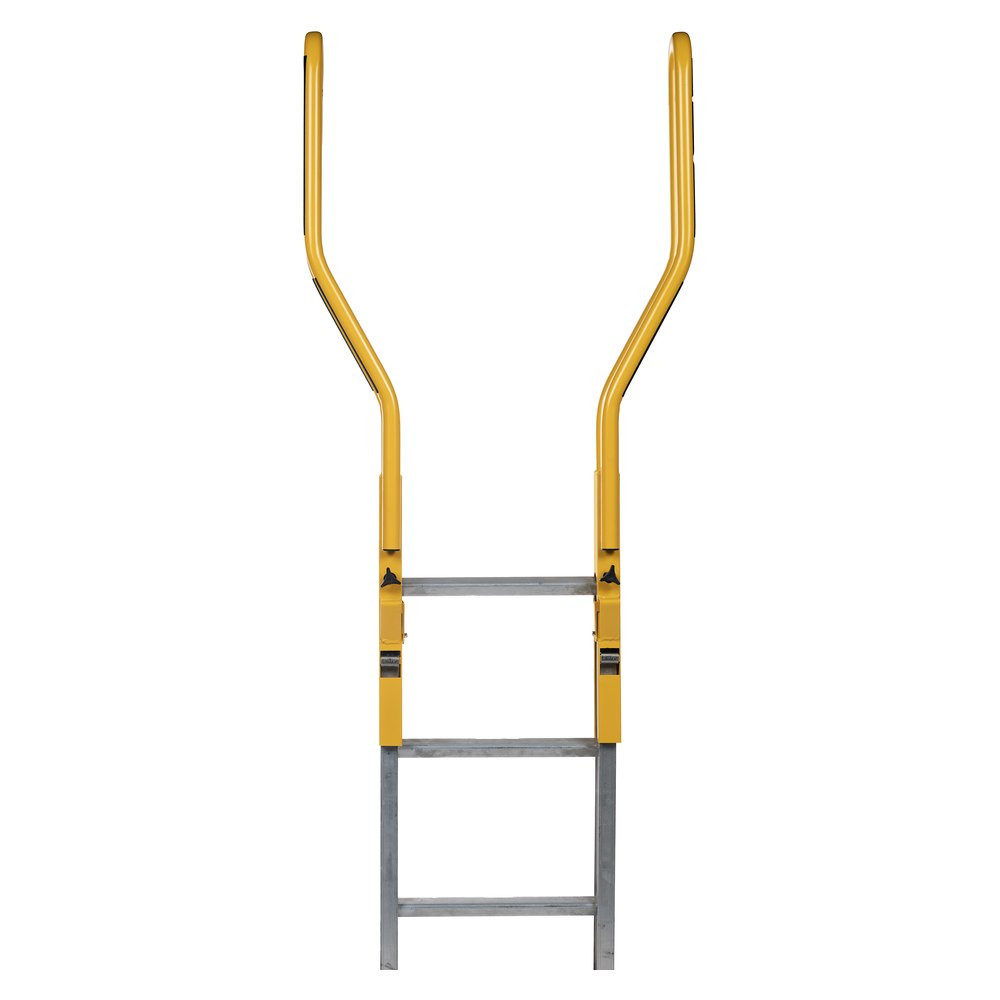 Guardian 10800 Safe-T Ladder rail extension system with dual offset handrails clamped to the top of an extension ladder