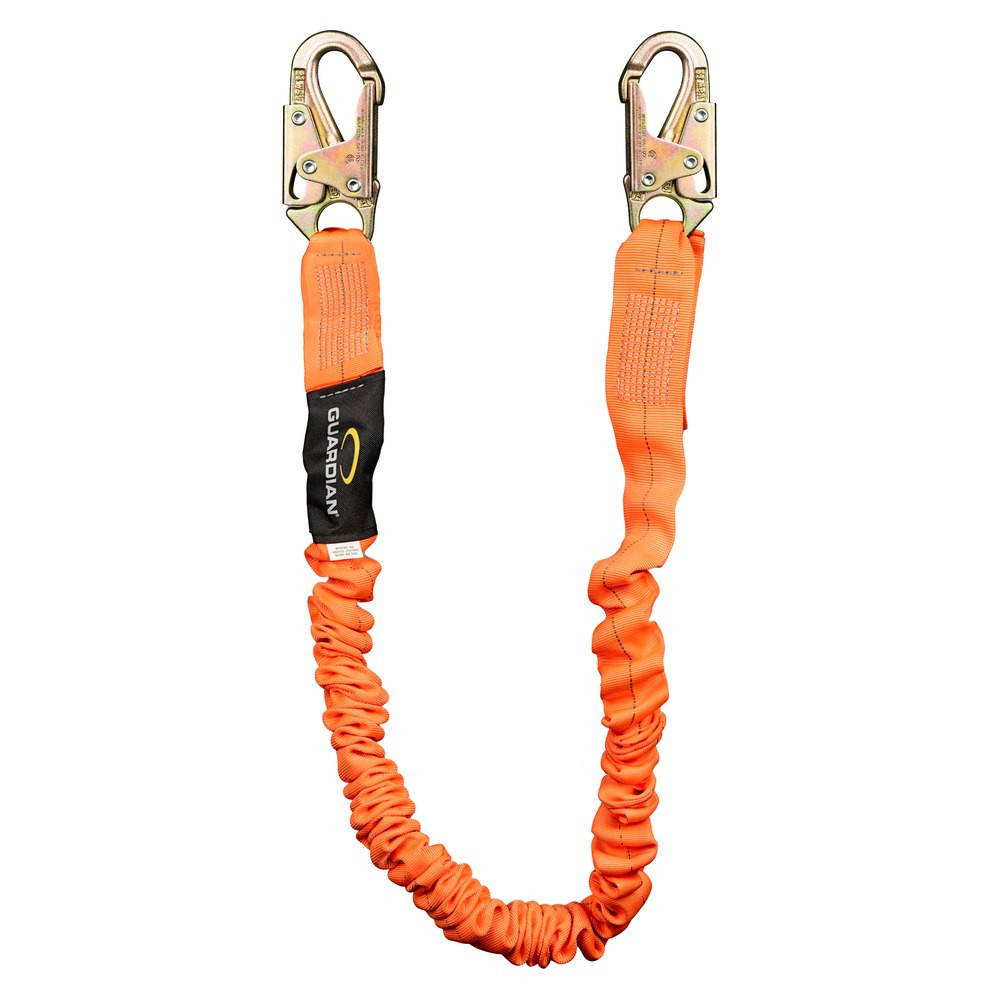 Guardian STR Stretch Shock Lanyard 4.5 to 6 ft, Orange Guardian STR stretch shock absorbing lanyard in orange, full lanyard with locking snap hooks