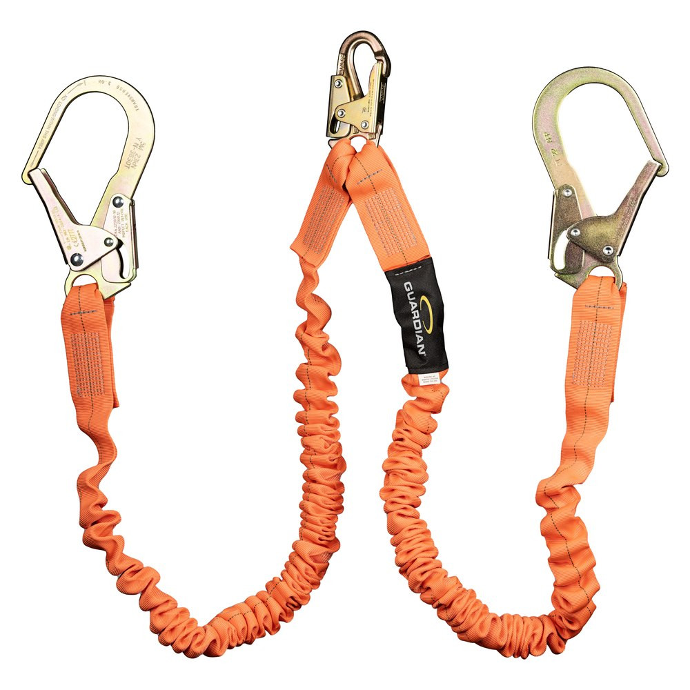 Guardian 01298 Double Leg Stretch Shock Lanyard, Orange Guardian 01298 double leg stretch shock lanyard in orange, full lanyard with rebar hooks