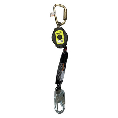 Miller TurboLite+ PFL, Carabiner and Snap Hook Miller TurboLite+ personal fall limiter MTL-OHW1-01 with steel locking snap hook, front view
