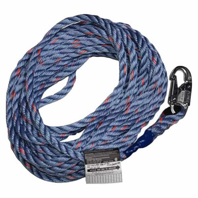 Miller 195R-2 Nylon Rope Lifeline, 75 ft Miller 195R-2 rope lifeline with snap hook, vendor stock photo; the 195R-2 ships as white nylon with thimble ends