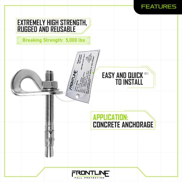 Frontline COFA01 features panel: extremely high strength, rugged and reusable, 5,000 lb breaking strength, easy and quick to install, concrete anchorage
