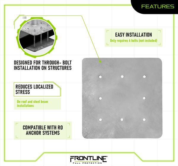 Frontline RO-BKRPLT RO Multifunction Anchor Backer Plate Frontline RO-BKRPLT backer plate features: through-bolt installation, reduced localized stress, compatible with RO anchor systems