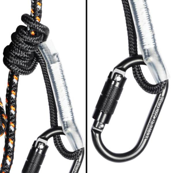 Malta Hunting Two-User 30 ft Reflective Lifeline - close up of the prusik knot on the reflective rope and the dual action twist lock carabiner