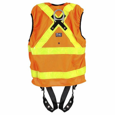 DBI-SALA ExoFit X50 Hi-Vis Workvest Harness, Orange 1600081 back view showing dorsal D-ring and SRL adapter