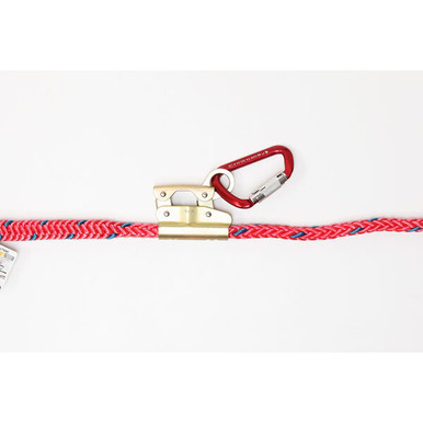 Super Anchor 4015-M mechanical rope grab on a 5/8 inch lifeline with a carabiner connector. Image shows optional equipment sold separately.