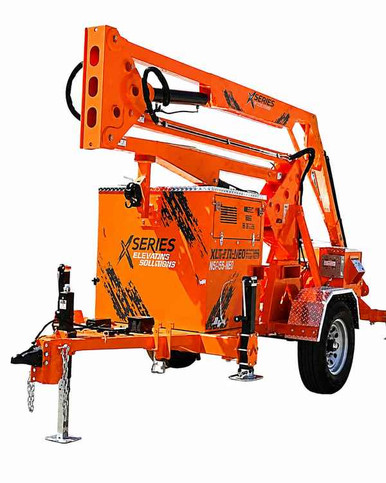 Malta X1260 Mobile Grabber: 34 ft Road-Towable Overhead Anchor for 5 Workers Malta X1260 five-worker mobile grabber deployed on its road-towable trailer with the boom extended