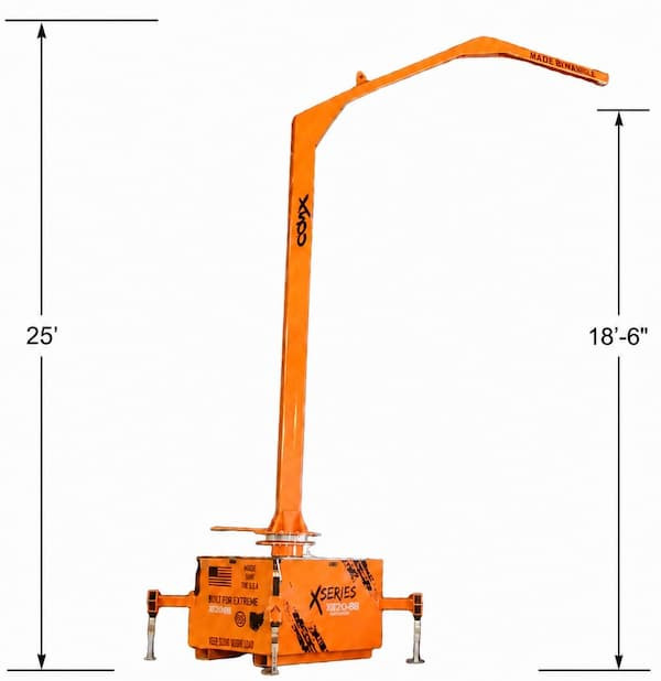 Malta X500 Mobile Grabber dimensions, 25 foot overhead anchor height and 18 foot 6 inch horizontal reach