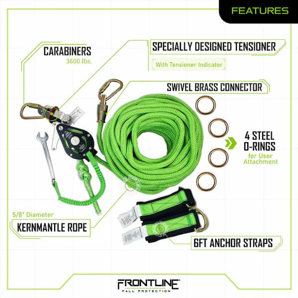 Frontline HLK1004 4-Person Horizontal Lifeline Kit Features Frontline HLK1004 horizontal lifeline kit features: 5/8 inch kernmantle rope with integrated pulley and tensioner, swiveling tension indicator, four steel O-ring mobile anchors with pass-through carriages, swivel brass connector, two 6 ft cross-arm anchor straps, and carry bag with integrated rope storage