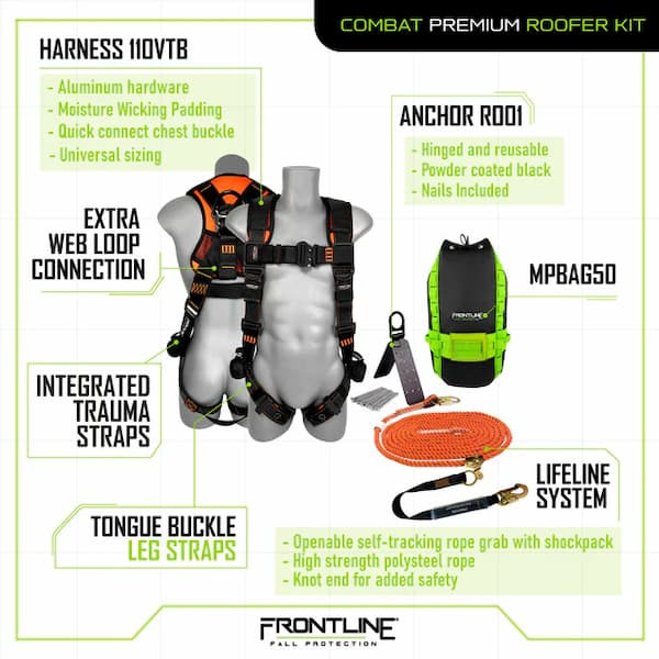 Frontline RK110V50 Combat Premium Roofers Kit Features Frontline RK110V50 Combat Premium Roofers Kit features: 110VTB aluminum hardware harness, RO01 reusable roof anchor, 50 ft vertical lifeline with RGSS58ES self-tracking rope grab, and MPBAG50 duffel storage bag