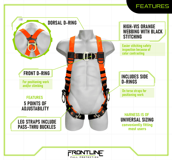 Frontline 100VTB-UN-4D four D-ring positioning harness features: dorsal, front sternal, and two side hip D-rings, high-visibility orange webbing, 5 points of adjustability, pass-through leg buckles, and universal sizing