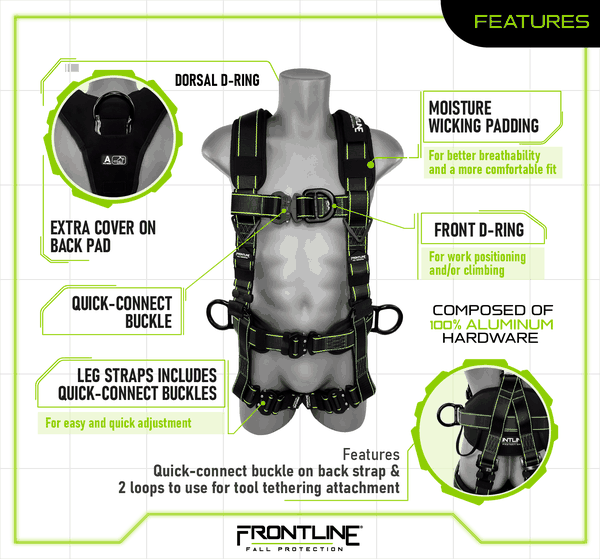 Frontline 200RE Elite Lite Climbing and Rescue Harness Features Frontline 200RE Elite Lite climbing and rescue harness features: dorsal D-ring, front D-ring for positioning and climbing, side D-rings, 100% aluminum hardware, moisture-wicking padding, and quick-connect buckles