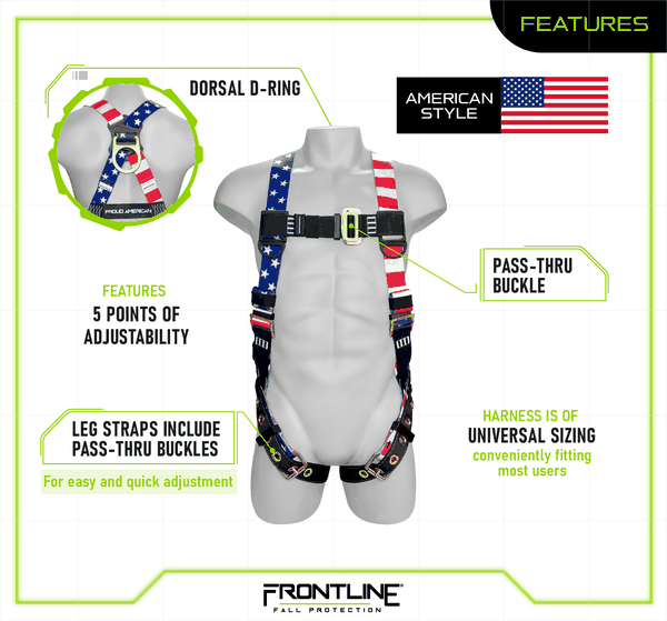 Frontline 100VTB-AM Combat American Style economy full body harness features: dorsal D-ring, American flag print webbing, pass-through chest and leg buckles, 5 points of adjustability, and universal sizing