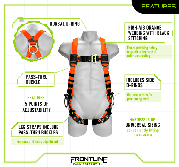 Frontline 100VTB-UN-3D Combat Economy three D-ring positioning harness features: dorsal D-ring and two side D-rings, high-visibility orange webbing with black stitching, 5 points of adjustability, pass-through chest and leg buckles, and universal sizing