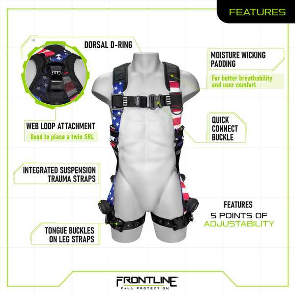 Frontline 110VTB-AM Combat Lite American Style vest harness features: dorsal D-ring, web loop for twin SRL attachment, aluminum quick-connect buckles, integrated suspension trauma straps, moisture-wicking padding, tongue-buckle legs, and 5 points of adjustability with American flag print webbing