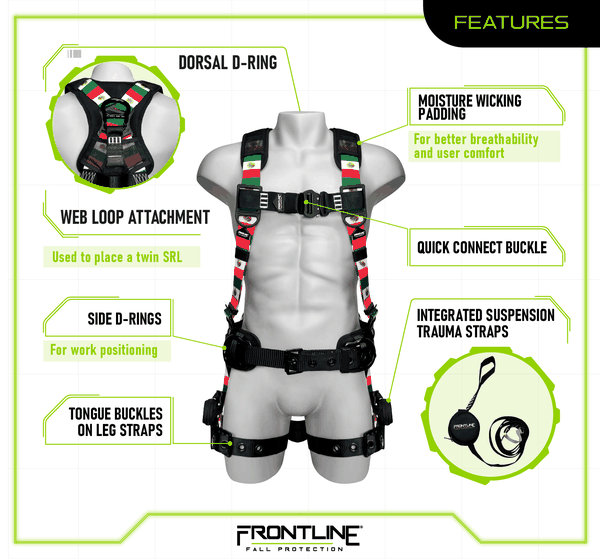 Frontline 110CTB-MX Combat Mexican Style Harness Features Frontline 110CTB-MX Combat Mexican Style full body harness features: dorsal D-ring and two side D-rings for work positioning, web loop for twin SRL, aluminum quick-connect buckles, integrated suspension trauma straps, moisture-wicking padding, and tongue-buckle legs with Mexican flag print webbing