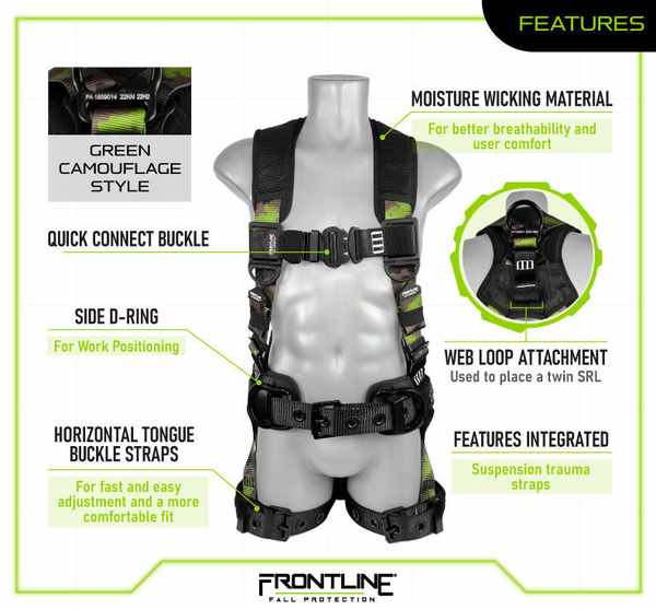 Frontline 110CTB-CF Combat Camouflage Harness Features Frontline 110CTB-CF Combat green camouflage full body harness features: dorsal D-ring and two side D-rings for work positioning, web loop for twin SRL, aluminum quick-connect buckle, integrated suspension trauma straps, moisture-wicking material, and horizontal tongue-buckle legs with green camo print webbing