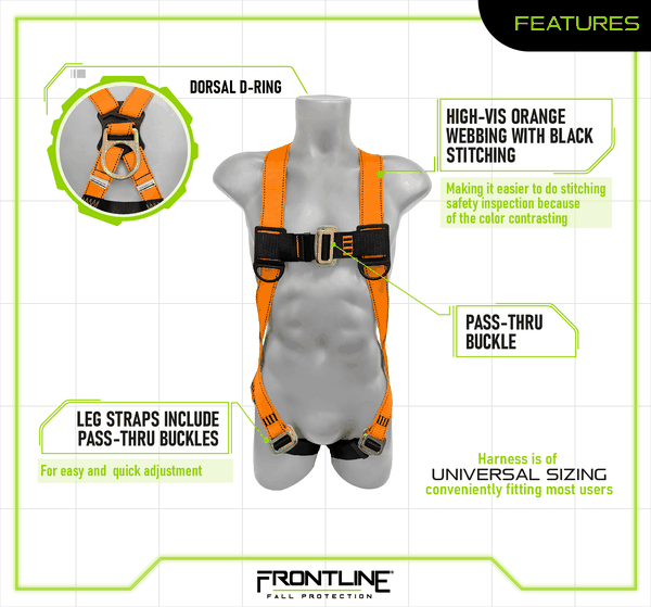 Frontline 100VMB Combat Economy Harness Features (3-Pack) Frontline 100VMB Combat Economy harness features: single dorsal D-ring, high-vis orange webbing with contrasting black stitching for easier inspection, pass-thru chest buckle, leg straps with pass-thru buckles, and universal sizing that fits most users