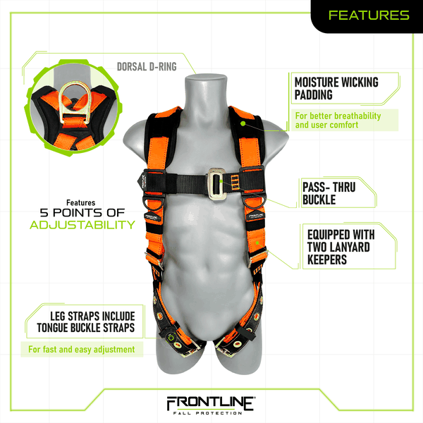 Frontline 50VTB Combat Economy vest harness features: single dorsal D-ring, moisture wicking padding for breathability, pass-thru chest buckle, two lanyard keepers, five points of adjustability, and tongue buckle leg straps