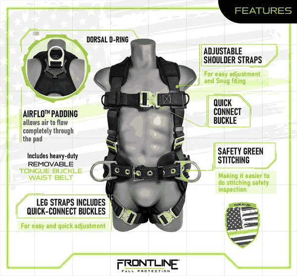 Frontline 350CQC Patriot construction harness features: dorsal D-ring, adjustable shoulder straps, Airflo padding that lets air flow through the pad, quick connect chest and leg buckles, removable heavy-duty tongue buckle waist belt, safety green stitching for easier inspection, and Made in USA construction