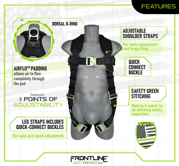 Frontline 310VQC Patriot vest harness features: dorsal D-ring, adjustable shoulder straps, Airflo padding that lets air flow through the pad, quick connect chest and leg buckles, five points of adjustability, safety green stitching for easier inspection, and Made in USA construction