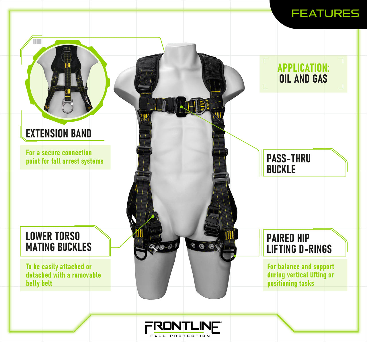Frontline 150DHVT Derrick vest harness features: extension band for a secure fall arrest connection point, pass-thru chest buckle, lower torso mating buckles for a removable belly belt, and paired hip lifting D-rings for balance and support during vertical lifting - built for oil and gas derrick work