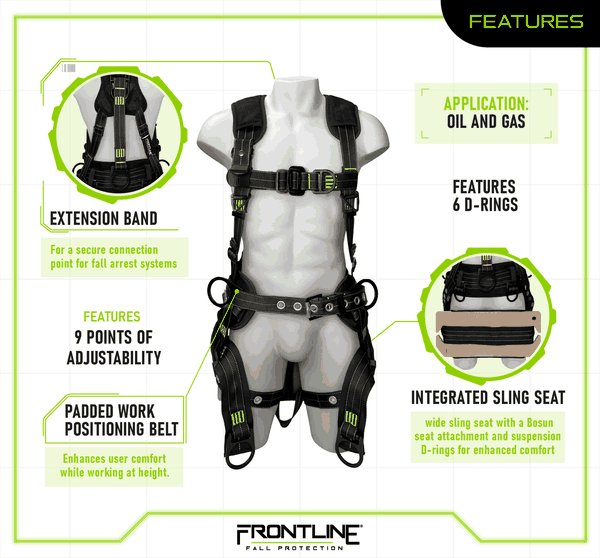 Frontline 150DHTW Derrick 6D harness features: 6 D-rings, extension band for a secure fall arrest connection point, nine points of adjustability, padded work positioning belt, and integrated wide sling seat with Bosun seat attachment and suspension D-rings - built for oil and gas derrick work
