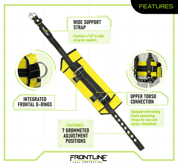 Frontline 150AC-BB belly belt features: 7.8 inch wide support strap for comfort, integrated frontal D-rings for work positioning, seven grommeted adjustment positions, and upper torso mating frame connection for easy and secure attachment to a compatible harness