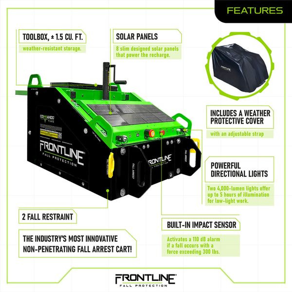 Frontline CMT04-SLR features: eight slim solar panels powering all electrical functions, 110 dB alarm that activates on falls exceeding 300 lbs of force, two fall arrest and two fall restraint points, and four picking points for hoisting