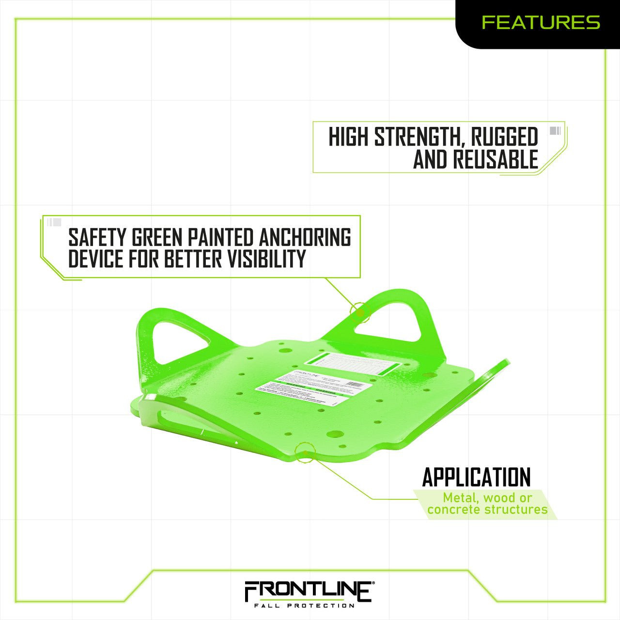 Frontline RO4W Multifunction 4-Way Anchor Features Frontline RO4W features graphic: multi-directional connection points, wood and metal installation locations, concrete installation pattern, and high strength rugged reusable construction