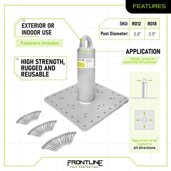 Frontline RO-CAL Commercial Roof Anchor Features Frontline RO-CAL features graphic: wood and metal installation locations, concrete installation pattern, U-rod connection point, high strength rugged reusable construction with fasteners included
