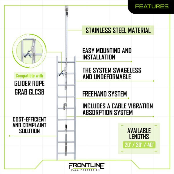 Frontline VLCS Securope Ladder Cable Lifeline Features Frontline VLCS features graphic: freehand system overpassing anchors, stainless swageless components, cable vibration absorption, cost-efficient compliant ladder retrofit
