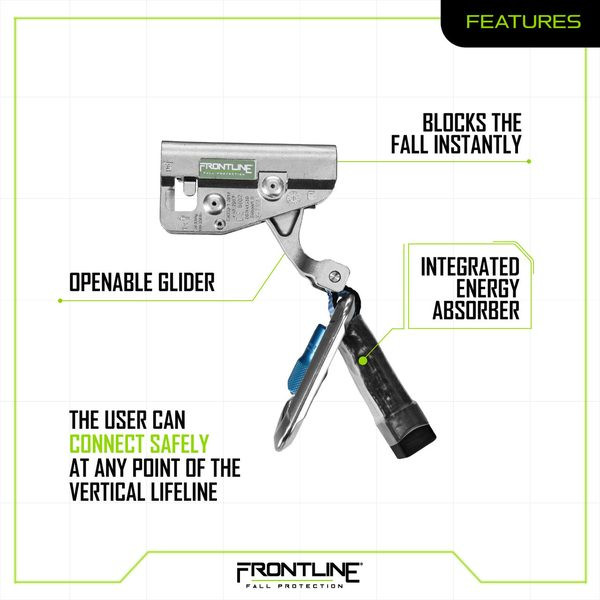 Frontline GLC38 features graphic: integrated energy absorber, instant fall lock, connect at any point of the lifeline, openable glider, swivelling always-oriented connector, ANSI rated carabiner