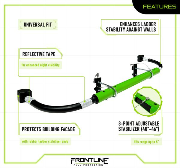 Frontline LAS48 features graphic: enhances ladder stability against walls, rubber ends protect the building facade, reflective tape for night visibility, universal fit adjusting to most ladders
