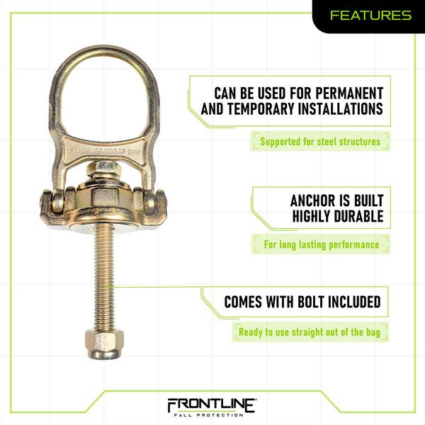 Frontline STB5K ALPHA Swivel 5K Steel Anchor — features Frontline STB5K features spec panel: ALPHA swivel steel anchor for permanent and temporary installations with bolt included