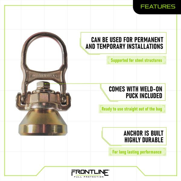 Frontline STWD5K features spec panel: ALPHA swivel steel anchor with weld-on puck included, for permanent and temporary installations