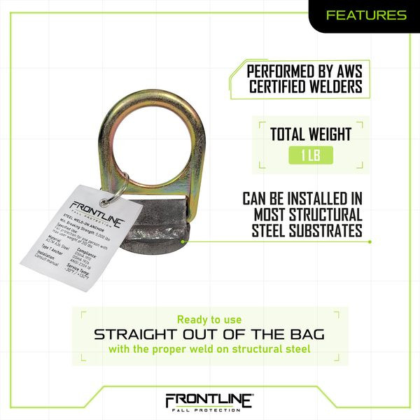 Frontline STW01 Weld-on Steel Anchor — features Frontline STW01 features spec panel: weld-on steel anchor of ASTM rated steel for installation by AWS certified welders