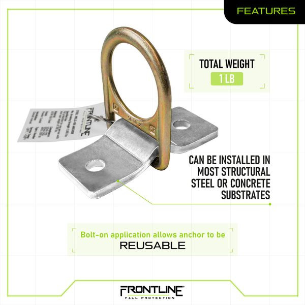 Frontline SBW01 Weld/Bolt-on Steel and Concrete Anchor — features Frontline SBW01 features spec panel: weld or bolt-on anchor for structural steel and concrete with multi-direction tie-off