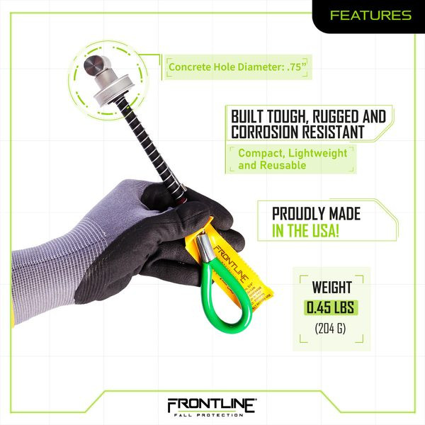 Frontline COT345K Reusable Toggle Bolt Anchor — features Frontline COT345K features spec panel: removable, reusable toggle bolt anchor for hollow-core concrete and steel flange