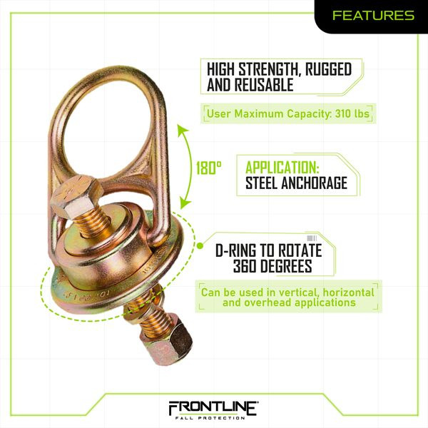 Frontline STM5810K MEGA Swivel 10K Features Frontline STM5810K features graphic: high strength rugged and reusable, 310 lbs user maximum capacity, steel anchorage application, D-ring rotates 360 degrees, vertical horizontal and overhead use