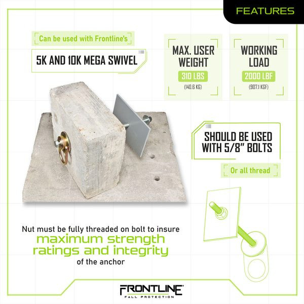Frontline SWX100N-QPQ-CTS features spec panel: 4 x 6 inch reinforcement backer plate for Frontline 5K and 10K MEGA Swivel anchors