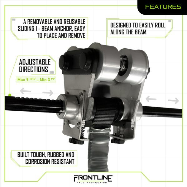 Frontline ST10HTK features graphic: removable and reusable sliding I-beam anchor, designed to roll easily along the beam, adjustable directions, built tough rugged and corrosion resistant
