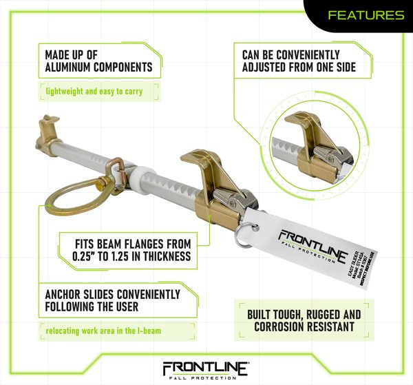Frontline ST14SA features graphic: made up of aluminum components, can be conveniently adjusted from one side, fits beam flanges from 0.25 to 1.25 inches in thickness, anchor slides conveniently following the user, built tough rugged and corrosion resistant