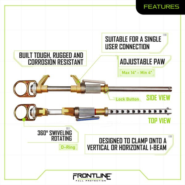 Frontline ST14V features graphic: suitable for a single user connection, adjustable paw with lock button, built tough rugged and corrosion resistant, 360 degree swiveling rotating D-ring, designed to clamp onto a vertical or horizontal I-beam