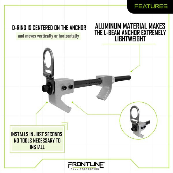 Frontline ST18AV features graphic: D-ring is centered on the anchor and moves vertically or horizontally, aluminum material makes the I-beam anchor extremely lightweight, installs in just seconds with no tools necessary