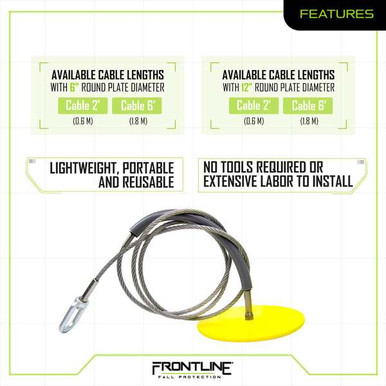 Frontline DT Drop Thru Anchor Frontline DT602 drop thru anchor with coated steel round plate, aircraft cable and swivel ring, full product view