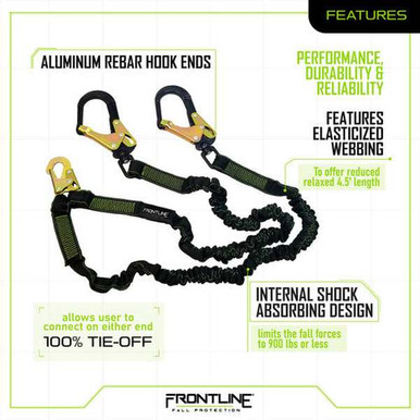 Frontline LIS62RA Elite Lite Elastic Twin Leg 6 ft Aluminum Rebar Hook Lanyard Frontline LIS62RA Elite Lite elastic twin leg lanyard with aluminum rebar hooks, full product view